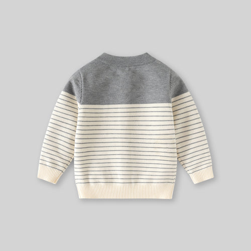 Boys Grey Cardigan With Self Design Stripe Patterns Sweaters & Cardigans