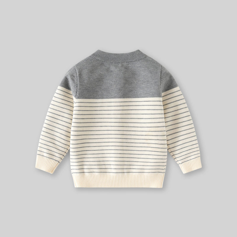 Boys Grey Cardigan With Self Design Stripe Patterns Sweaters & Cardigans