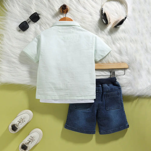 Boys Light Green Tropical Embroidered Short Sleeve Shirt With T-Shirt And Shorts Set 3 pc. Sets