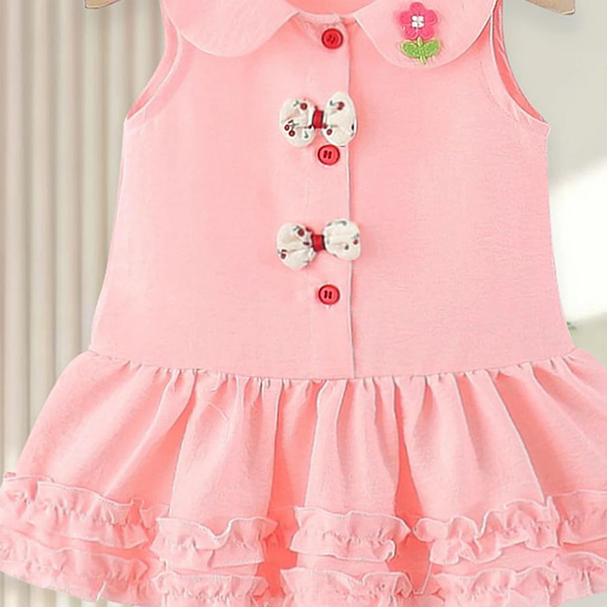 Girls Pink Peter Pan Collar Drop-Waist Dress With Bow Details Casual Dresses