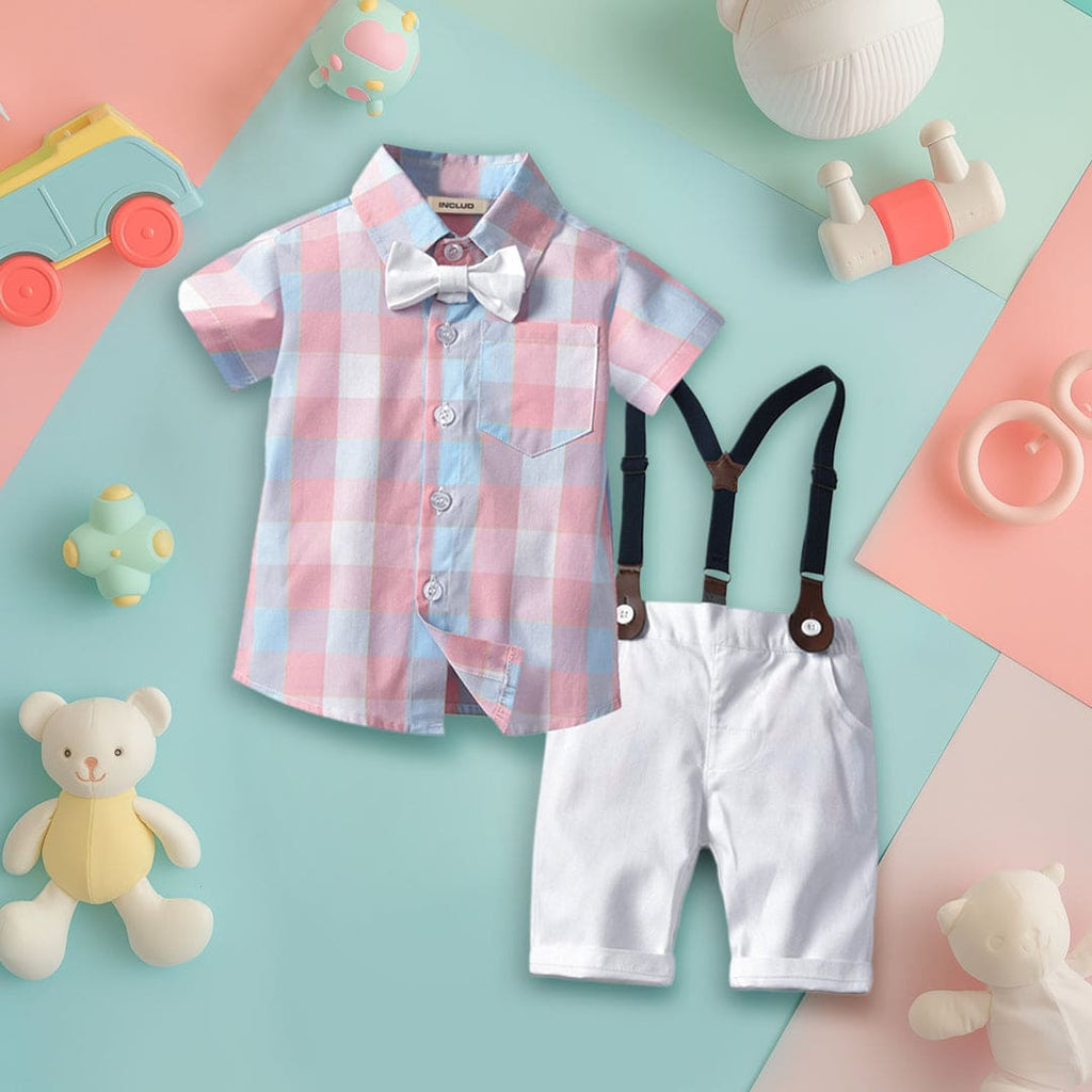 Boys Checkered Shirt with Bow & Suspender Shorts Formal Set