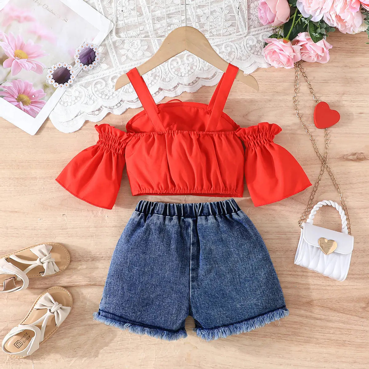 Girls Red Rose Cold Shoulder Top With Heart Embroidered Denim Shorts Sets Sets
