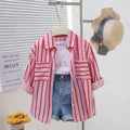 Girls Light Pink Stripe Shirt With Printed T-Shirt And Denim Shorts Sets 3 pc. Sets Light Pink 2-3 Y