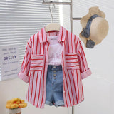 Girls Light Pink Stripe Shirt With Printed T-Shirt And Denim Shorts Sets