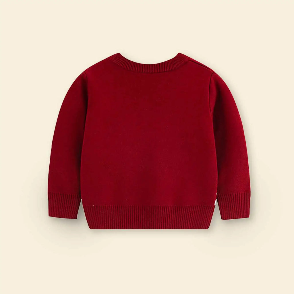 Girls Dark Red Sweater With Self-Design Christmas Themed Patterns Sweaters & Cardigans