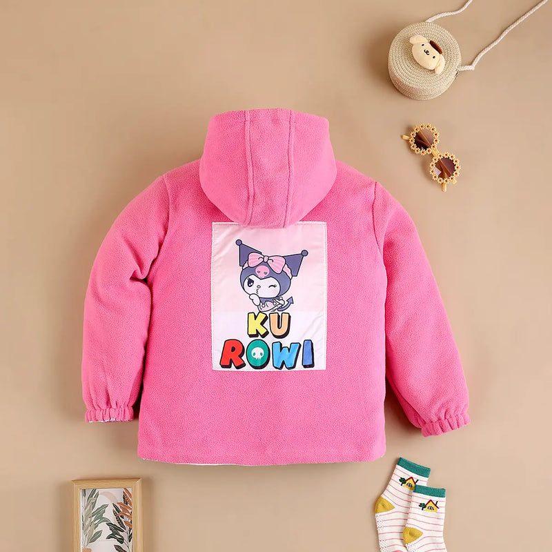 Girls Light Pink Kuromi Cartoon Printed Reversible Hooded Zipper Jacket Coats & Jackets