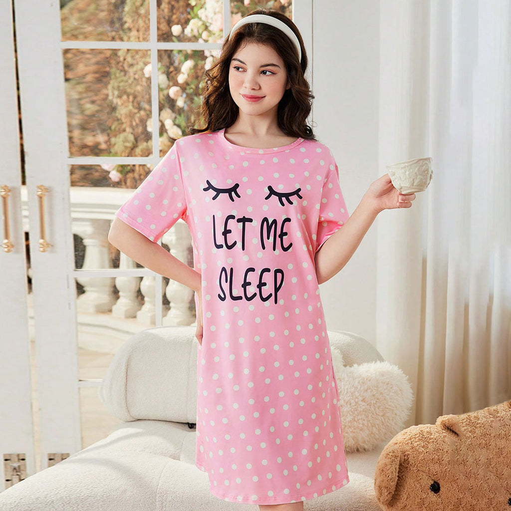 Girls Pink Polka Dot Print Night Dress Casual Dresses