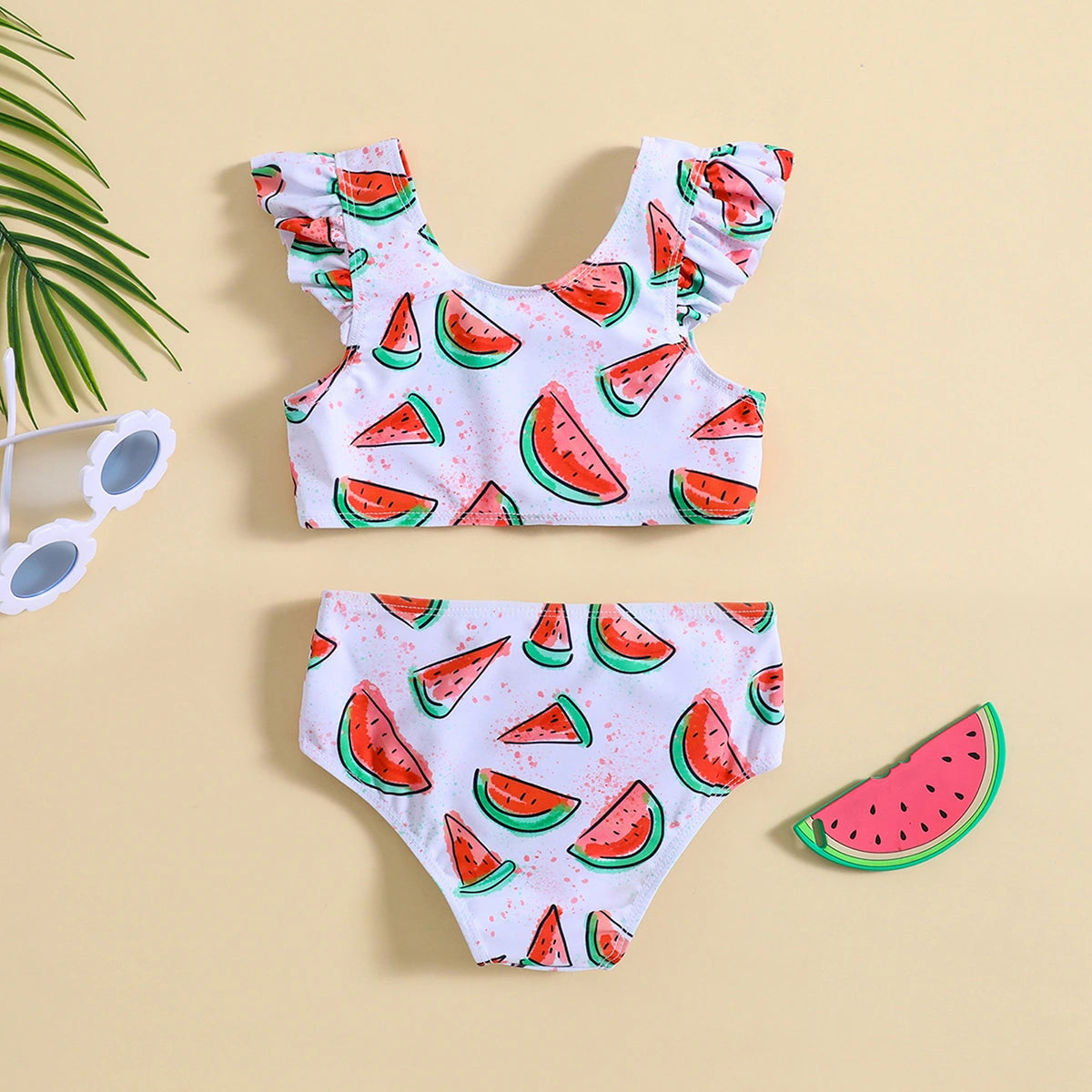 Girls White Watermelon Print Top With Briefs Swimwear Sets Sets
