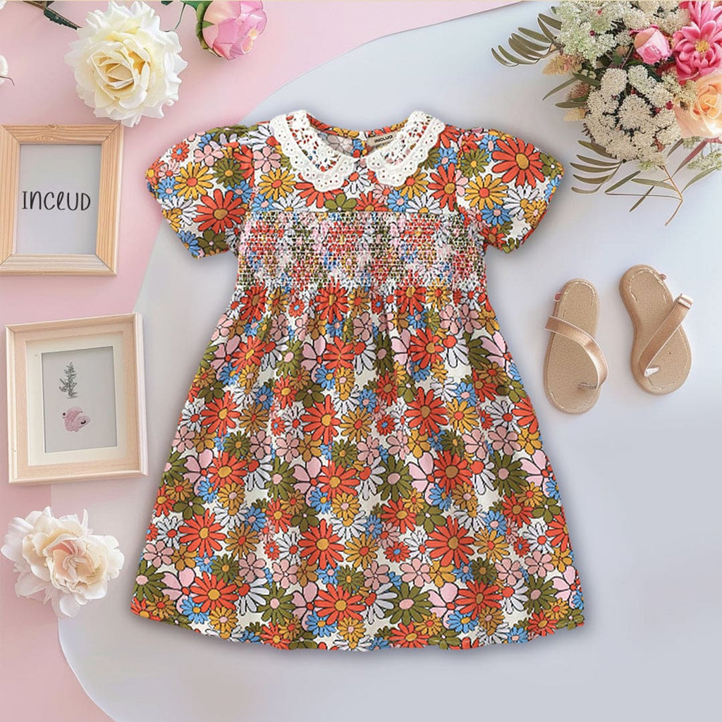 Girls Floral Print Lace Neck Flared Dress