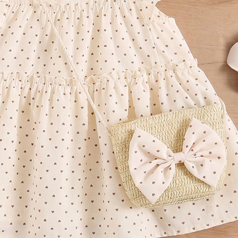 Girls Cream Flutter Sleeve Heart Print Tiered Dress Casual Dresses