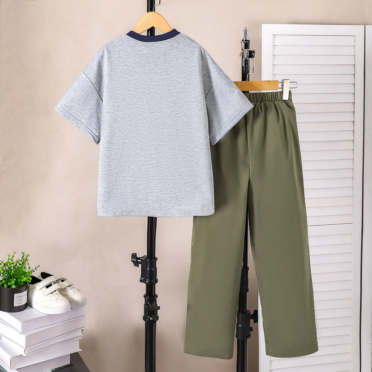 Boys Grey Short Sleeves Extended Shoulder T-Shirt With Pants Set 2 pc. Sets