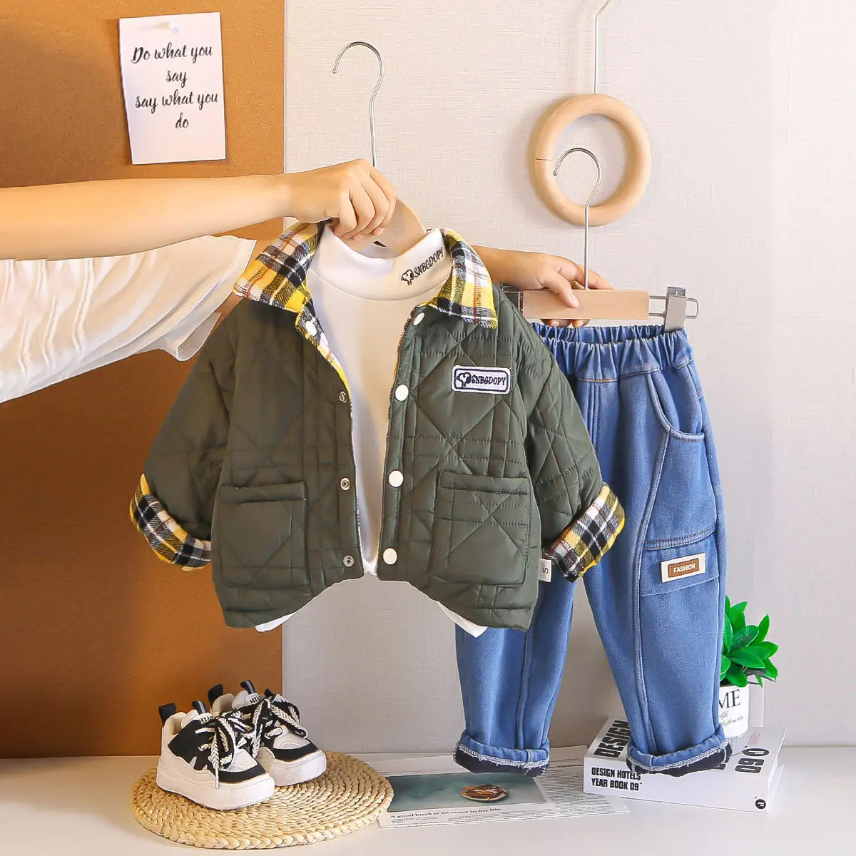 Boys Green Reversible jacket With T-Shirt & Denim Pants Set Sets Green 1-2 Y