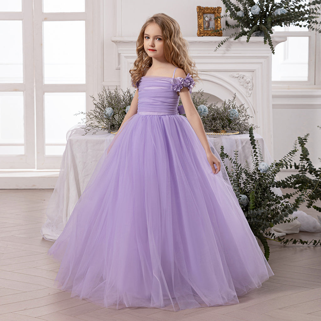 Girls Lavender Gathered Off-Shoulder Tulle Party Gown Party Dresses