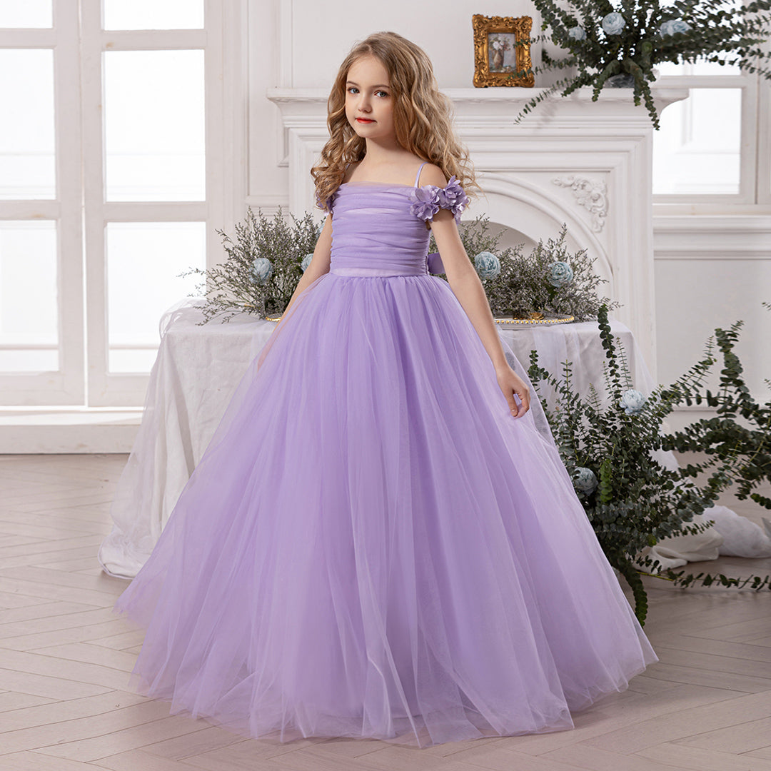 Girls Lavender Gathered Off-Shoulder Tulle Party Gown Party Dresses