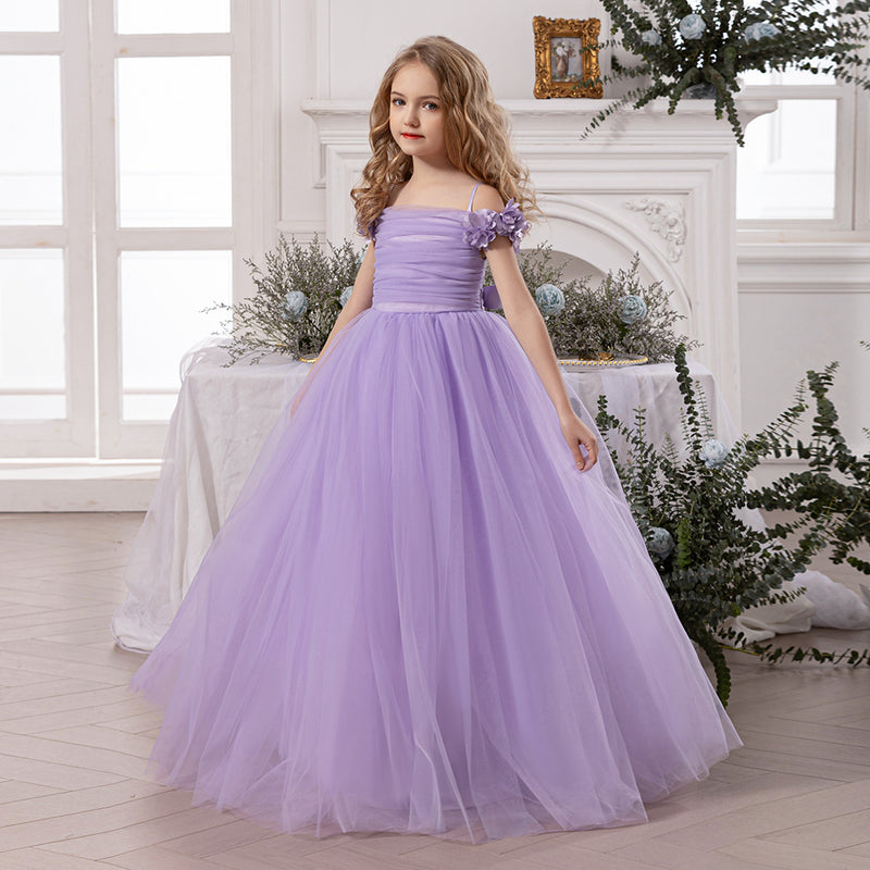 Girls Lavender Gathered Off-Shoulder Tulle Party Gown Party Dresses