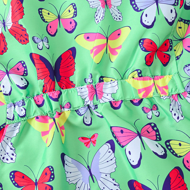 Girls Green Butterfly Printed Front Zipper Hooded Jacket Coats & Jackets