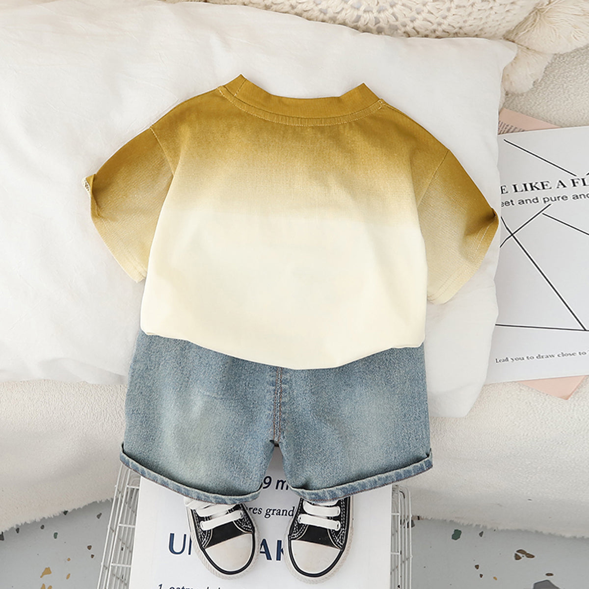 Boys Yellow Ombre Printed T-Shirt With Denim Shorts Set 2 pc. Sets