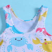 Girls White Crab Printed Sleeveless Swimwear Bodysuit Beachwear