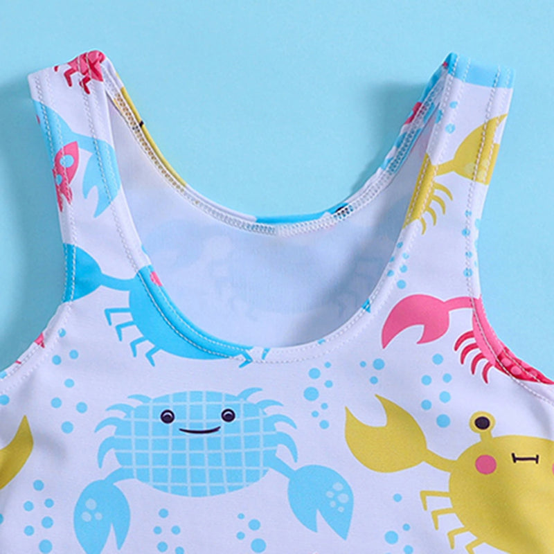 Girls White Crab Printed Sleeveless Swimwear Bodysuit Beachwear