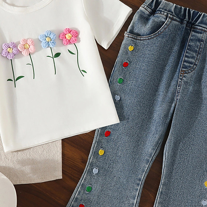 Girls White Floral Applique Short Sleeve T-Shirt With Denim Jeans Sets 2 pc. Sets