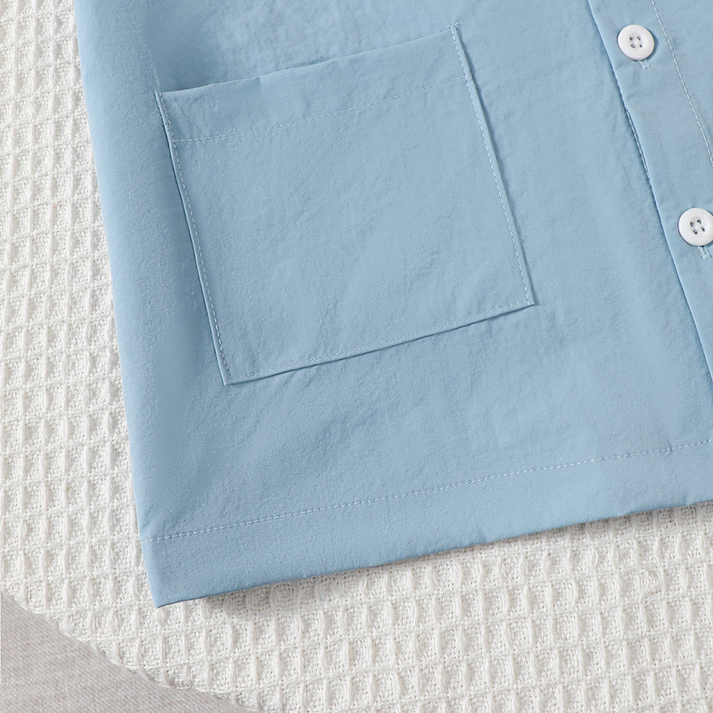 Boys Blue Short Sleeves Double Front Pockets Shirt Shirts