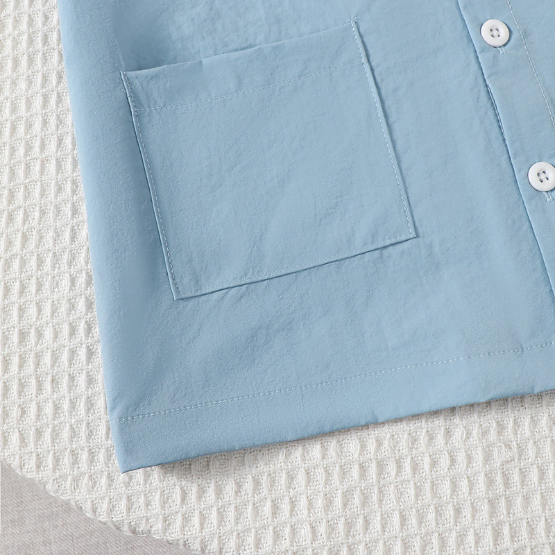 Boys Blue Short Sleeves Double Front Pockets Shirt Shirts