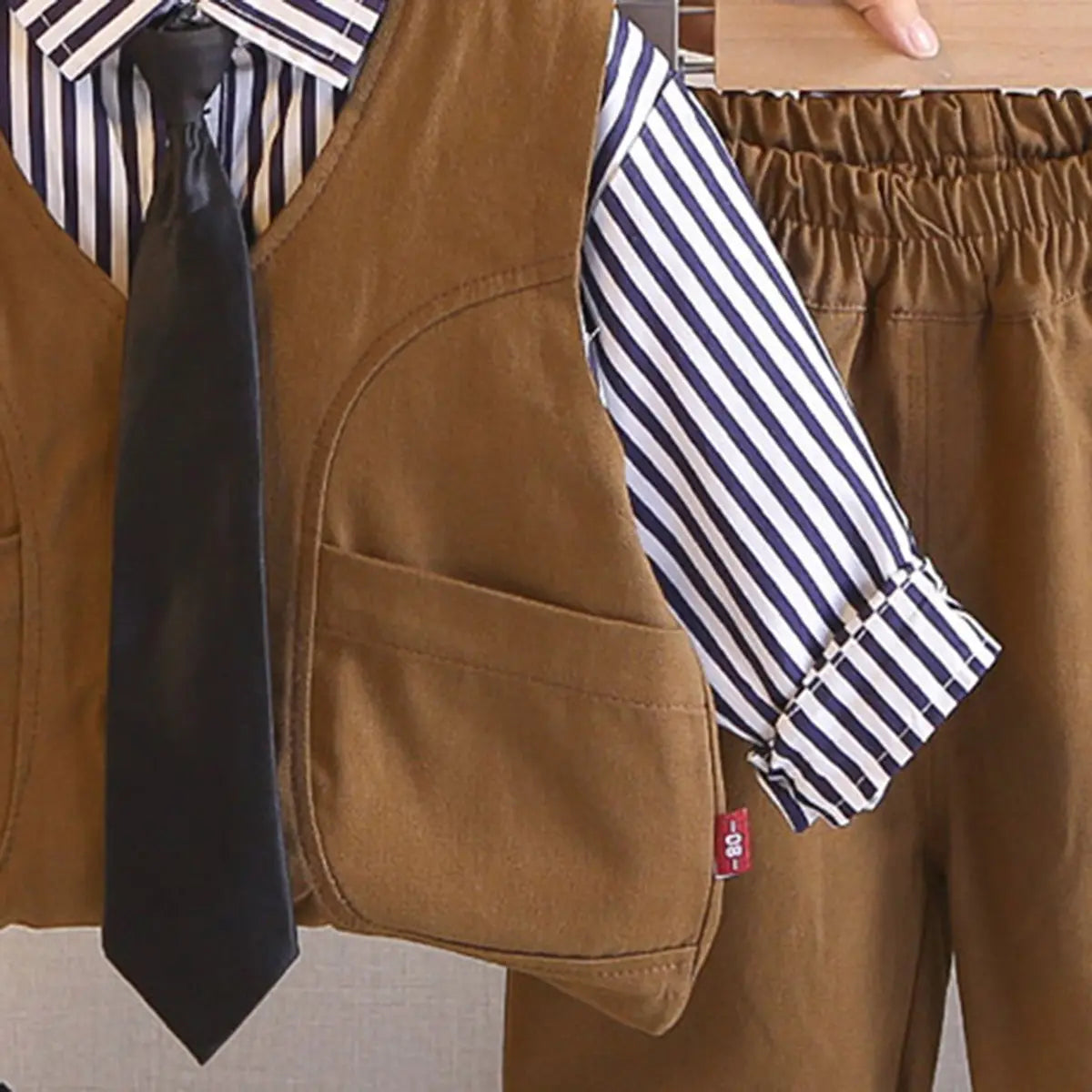 Boys Brown Vest & Pant With Striped Shirt & Neck-tie Sets Sets