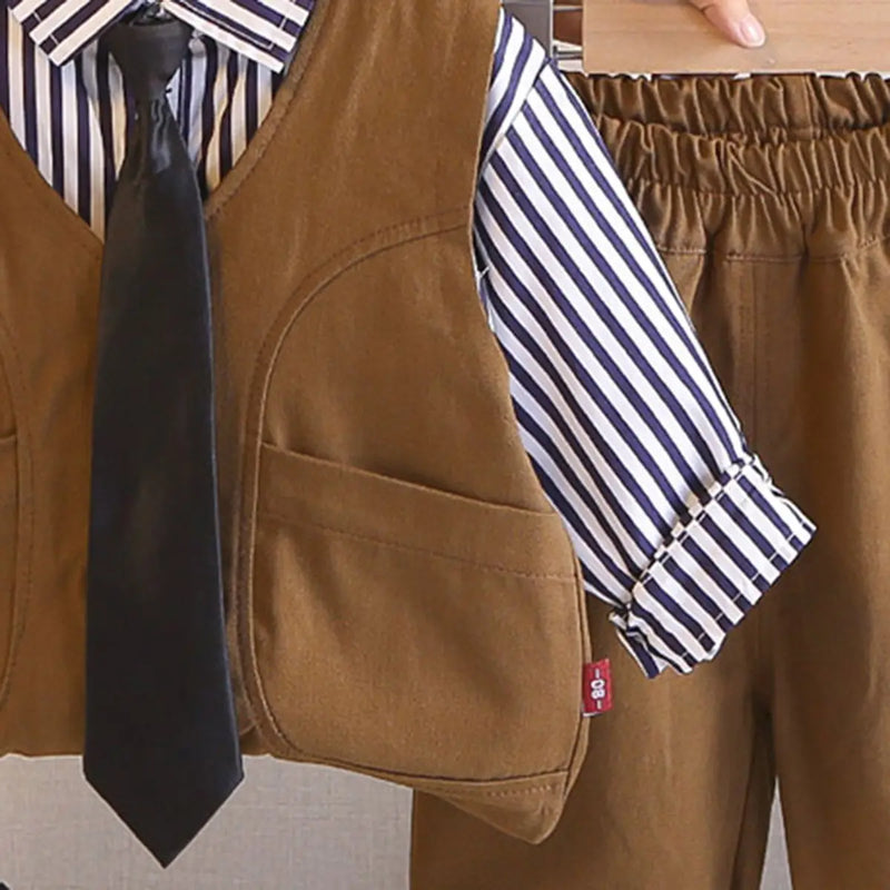 Boys Brown Vest & Pant With Striped Shirt & Neck-tie Sets Sets