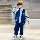 Boys Blue Alphanumeric Printed Oversized Hooded Zipper Jacket With Jogger Sets