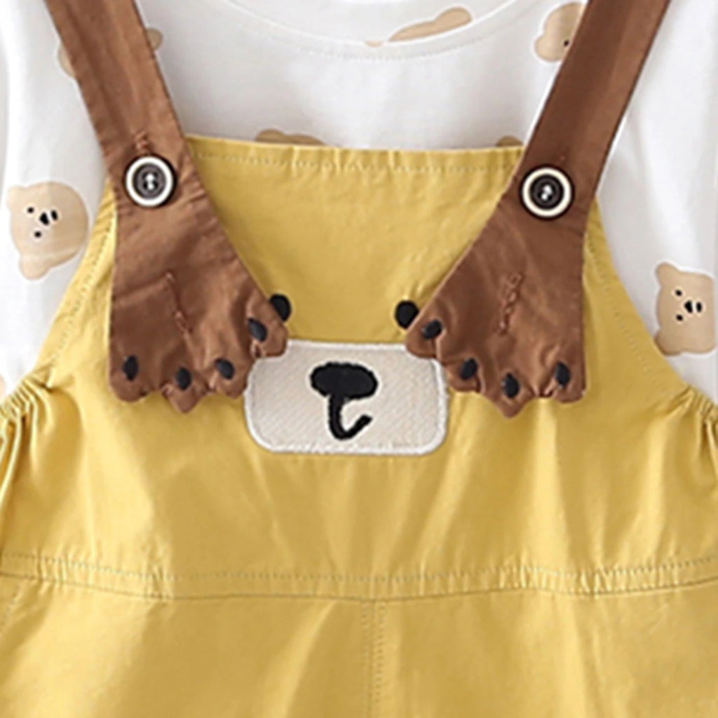 Girls Yellow Embroidered Dungaree With Bear Print T-Shirt Set Sets