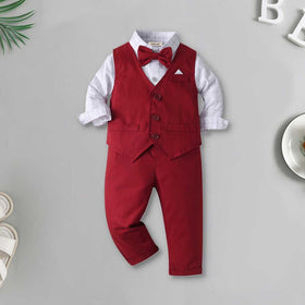 Boys Long Sleeve Checked Shirt With Waistcoat & Trouser Set 3 pc. Sets Red 1-2 Y 
