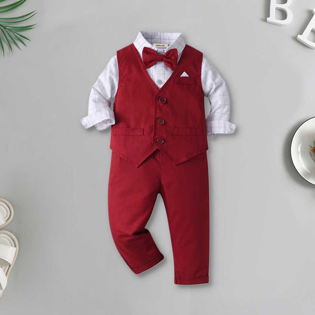 Boys Long Sleeve Checked Shirt With Waistcoat & Trouser Set 3 pc. Sets Red 1-2 Y 