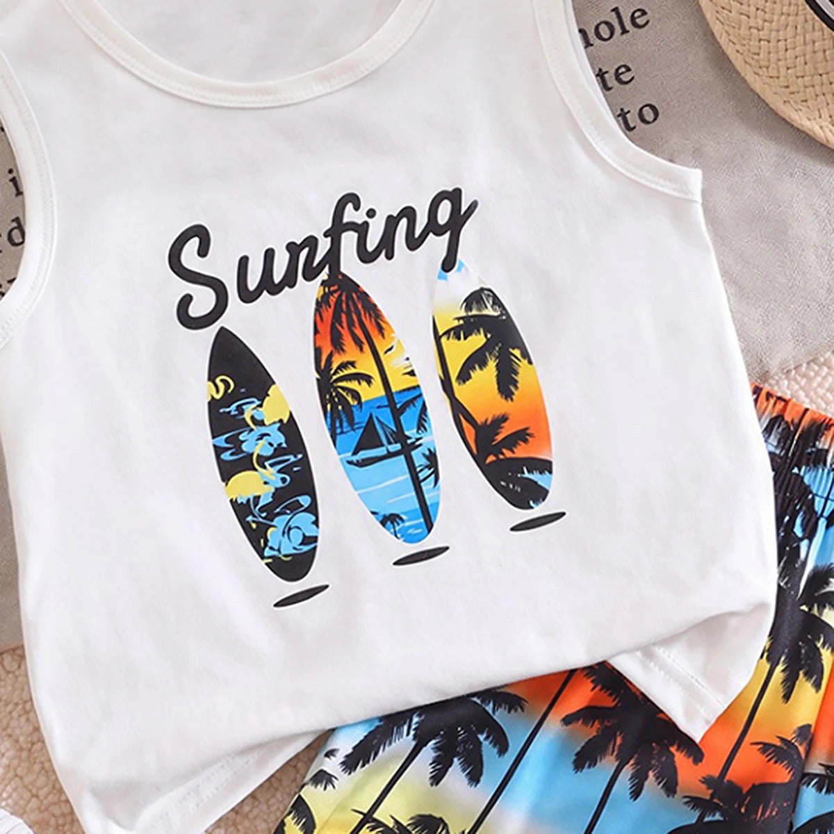 Boys White Typography Print Vest With Printed Shorts Sets 2 pc. Sets