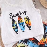 Boys White Typography Print Vest With Printed Shorts Sets 2 pc. Sets