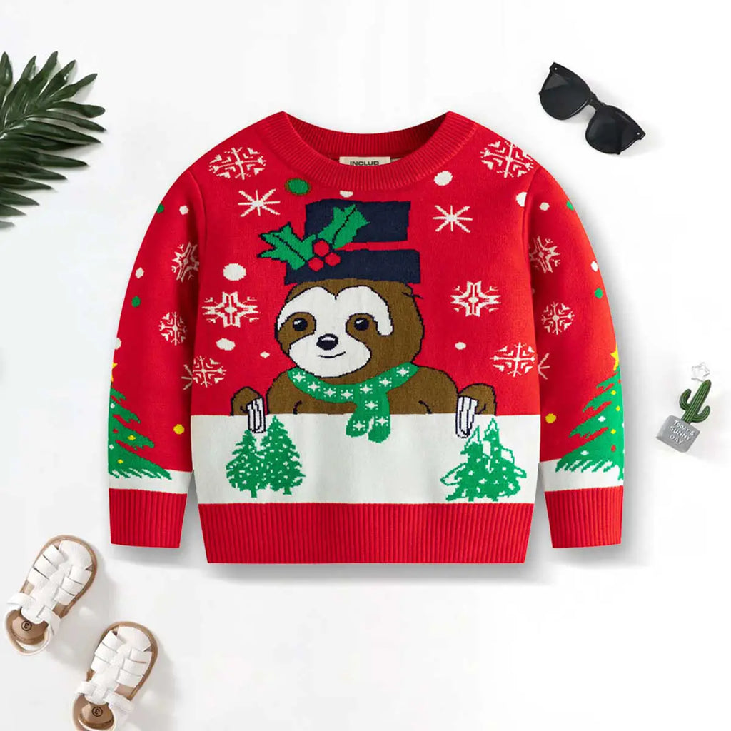 Girls Red Sweater With Self-Design Christmas Patterns Sweaters & Cardigans Red 2-3 Y