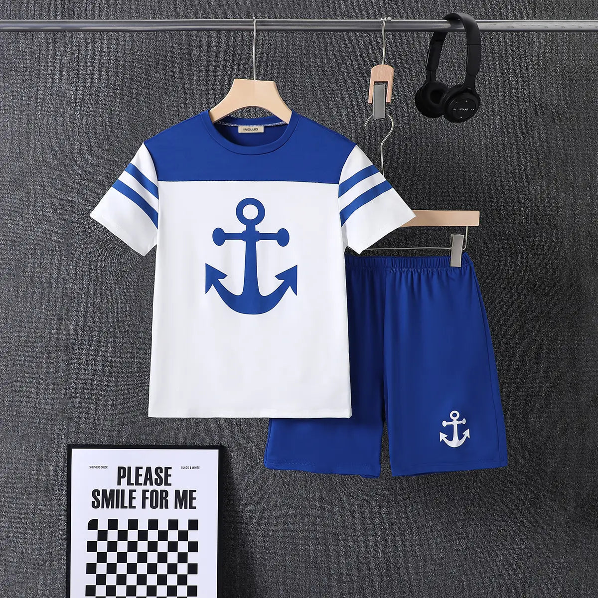 Boys Blue Anchor Printed T-Shirt With Shorts Sets Sets Blue 7-8 Y