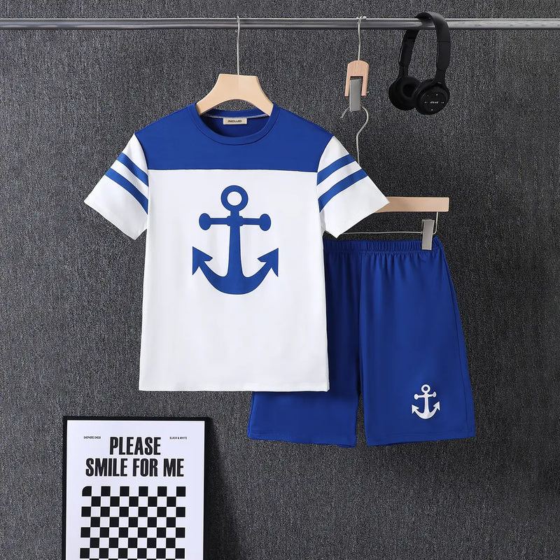 Boys Blue Anchor Printed T-Shirt With Shorts Sets Sets Blue 7-8 Y