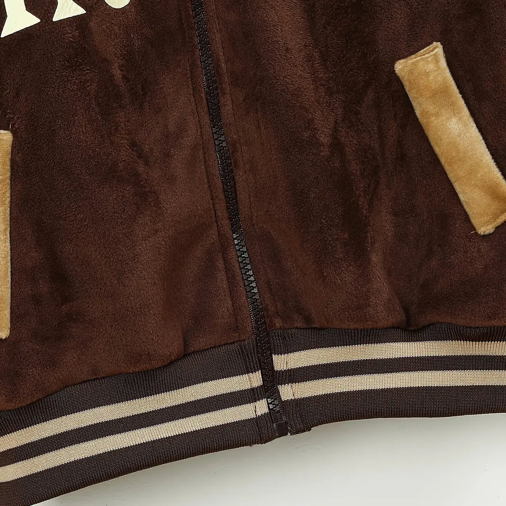 Boys Brown Typographic Printed Hooded Zipper Jacket With Jogger Sets Sets