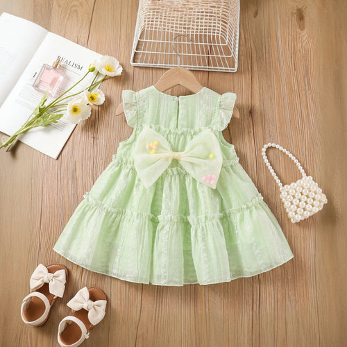 Girls Light Green Embroidered Sleeveless Tiered Dress Casual Dresses