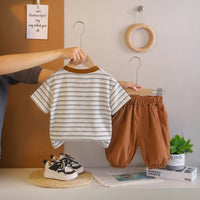 Boys Grey Dog Print Striped T-Shirt with Elasticated Shorts Sets 2 pc. Sets