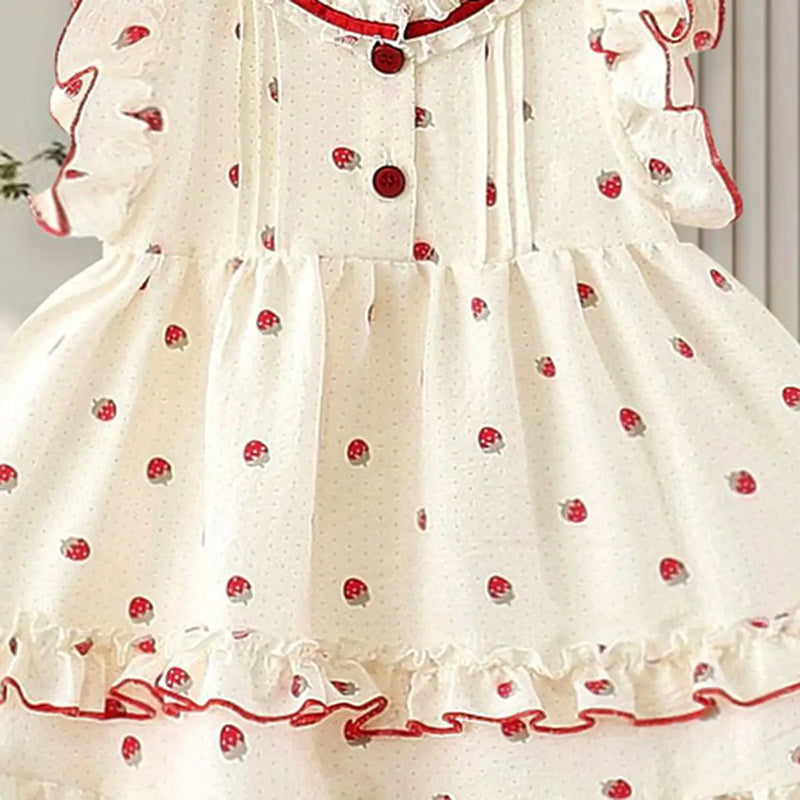 Girls Apricot Strawberry Printed Ruffle Fit & Flare Casual Dress Casual Dresses