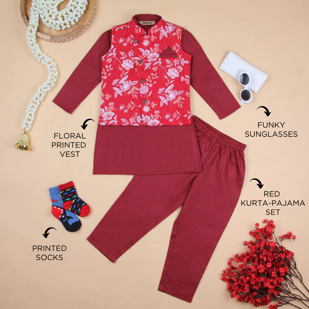 Boys Red Floral Printed Pyjama Set Ethnic Gift Hamper Sets