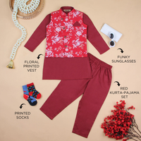 Boys Red Floral Printed Pyjama Set Ethnic Gift Hamper Sets