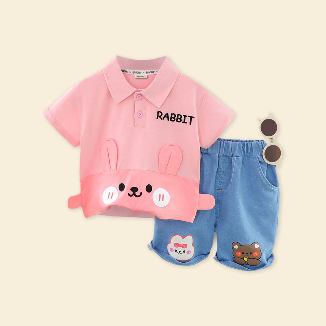 Boys Pink Bear Embroidery Polo T-Shirt With Denim Shorts Sets   