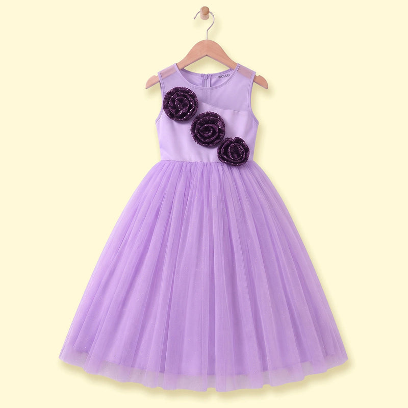 Girls purple sleeveless party gown with floral applique and tulle