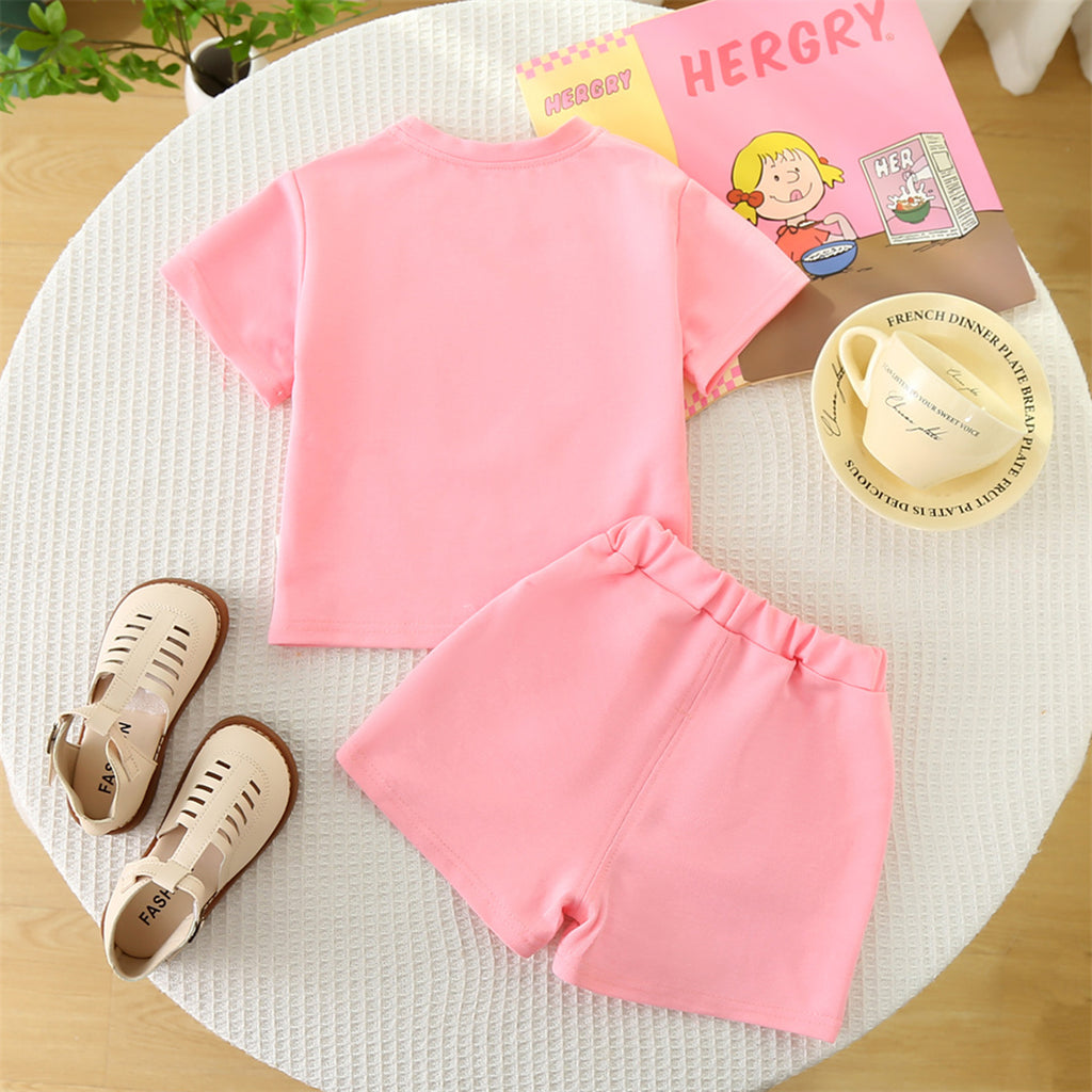 Girls Pink Cartoon Printed T-shirt with Knitted Shorts Set Sets