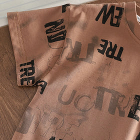 Boys Brown Typographic Print T-Shirt With Denim Shorts Set Sets