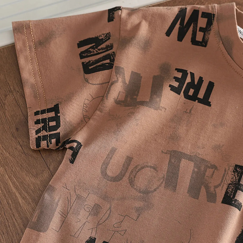 Boys Brown Typographic Print T-Shirt With Denim Shorts Set Sets