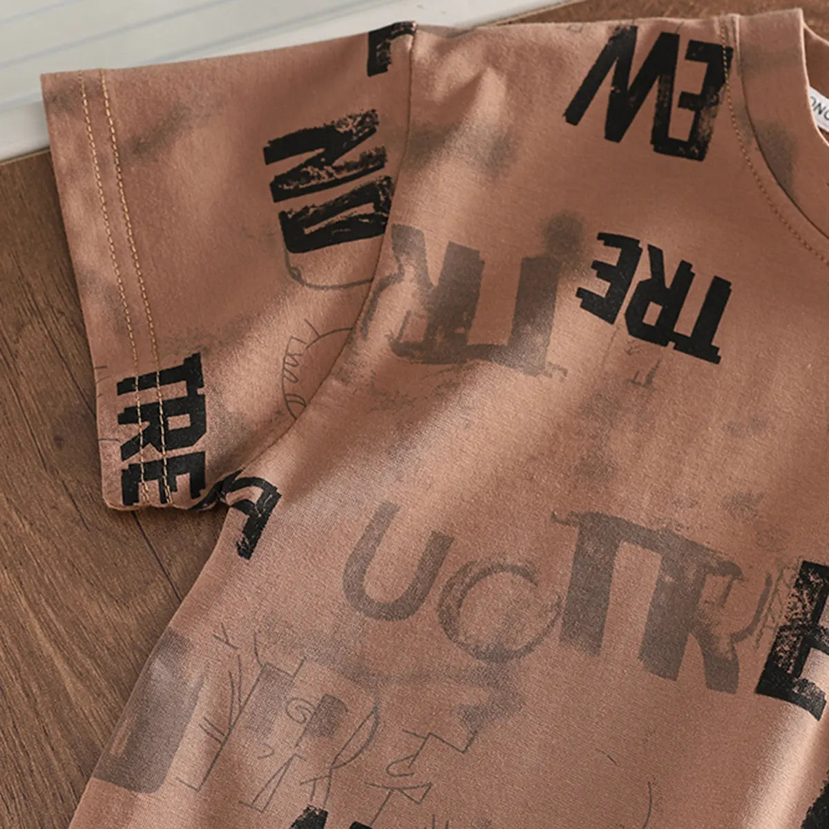 Boys Brown Typographic Print T-Shirt With Denim Shorts Set Sets