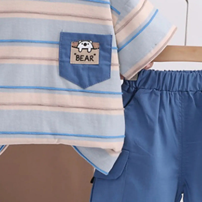 Boys Blue Bear Pocket Striped T-Shirt With Cargo Shorts Sets 2 pc. Sets